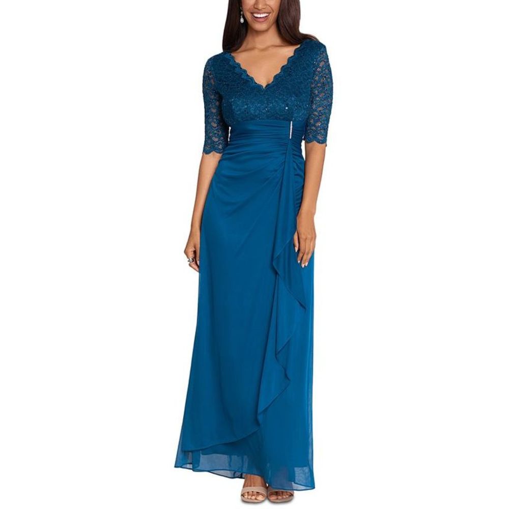 Betsy & Adam Women's Lace Top Waterfall Detail Gown Peacock Blue Size 16
